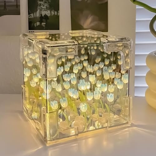 TaimeiMao Tulpen Lampe,DIY Tulpen Nachtlicht,LED Tulpenspiegel Nachtlicht,Tulpen Licht,Tulpenwürfel Blumen Lampe für Schlafzimmer,Wohnzimmer,Desktop,Heimdekoration