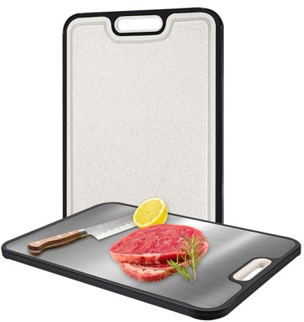 Zikenis Schneidebrett, großes Edelstahl schneidebrett,Reisschalen-Faser,Cutting Board mit Saftrutsche,rutschfester Griff,für Fleisch,Brot,Gemüse,Obst Schneiden,BPA Frei
