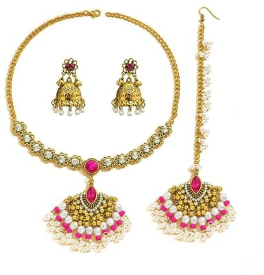 Brautschmuck-Set für Frauen – indische antike vergoldete Halskette, Ohrringe & Maang Tikka mit Strass und Perlen – Bollywood-Hochzeit, Festival, ethnischer Schmuck, Geschenk