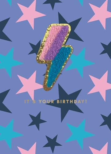 SECOND NATURE Decopatch Flash Birthday Greeting Card Includes Removable Lightening Bolt Patch - Decopatch Vibrant, Keepsake, Eco-Friendly, Stylish, Cheerful, Unique, Giftable Fun