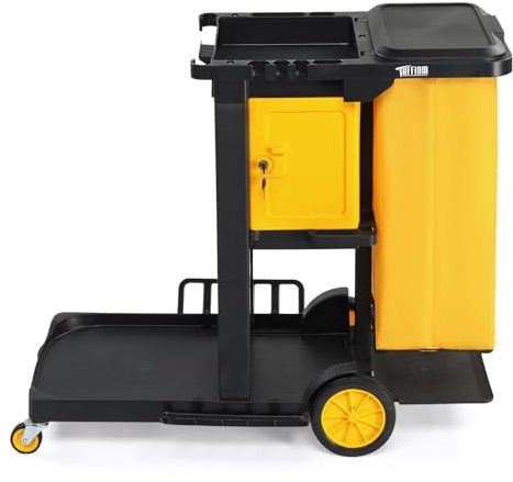 Bonnlo Lockable Cleaning Trolley on Wheels – Janitorial & Sanitation Supplies Cart, Cleaning Bag, Tool Holders & Secure Cupboard – Mobile Cleaning Caddy for Office, Wheelie-Bin Cleaner