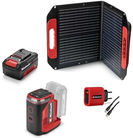 Einhell Akku-Energiestation TE-ES 18/150/1 Li-C PXC (18 V, Wechselrichter, 230-V- & 12-V-Anschluss, USB-A- & USB-C-PD-Anschluss, Ladefunktion, inkl. 4,0 PXC Akku, Solarpaneel, USB-Schnellladegerät)