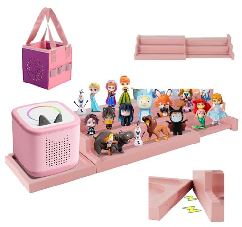 Givilio Expendable Wooden Tonie Shelf with Storage Steps - Extendable 3-Slot Organiser for Toniebox 1&2 and Tonie Figures, Perfect for Kids' Rooms & Play Areas (Pink)