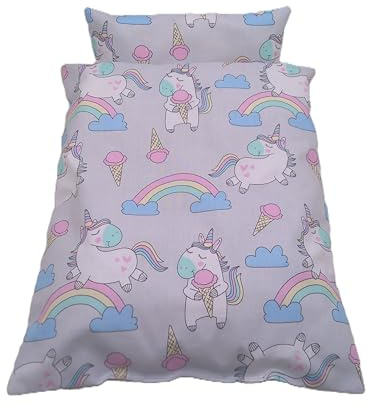 Puppenbettwäsche Einhorn aus Baumwolle, Verschiedene Modelle für kleine Puppenwagen, Puppenbett oder Moseskorb, Decke 27b x 33h, Kissen 23b x 16h cm