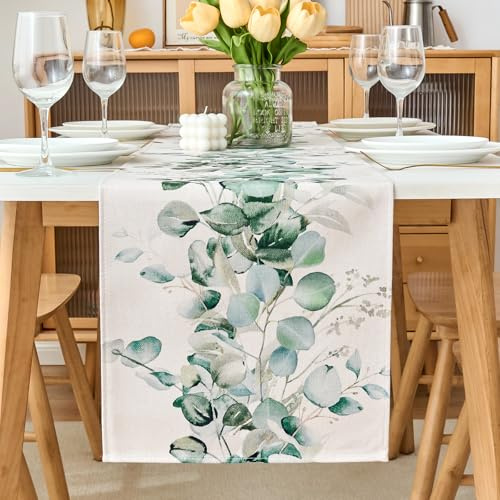 Tischläufer 140x40cm Eukalyptus Grün Frühling für Hochzeit Party Geburtstag Deko, Table Runner Gartentisch für Konfirmation Kommunion Taufe Jugendweihe Deko Mädchen Junge, Runner Abwaschbar Modern