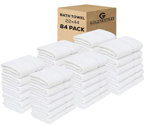 GOLD TEXTILES 84 Pack Economy White Bath Towels Bulk (22x44 Inches) Cotton Blend Multi-Purpose Hotel Towel for Commercial & Home Use – Lightweight, Easy Care & Quick Dry Towels for Pool, Gym and Spa