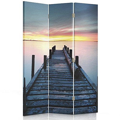 Feeby Frames. Raumteiler, Gedruckten auf Canvas, Leinwand Wandschirme, Dekorative Trennwand, Paravent beidseitig, 3 teilig (110x180 cm), Pier, Holz, Sonnenaufgang, See, PINK, ORANGE, Indigo