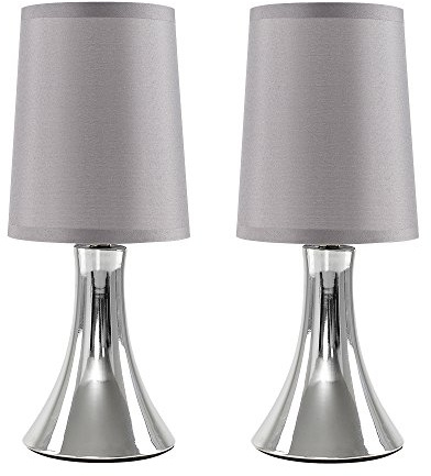 MiniSun | Pair of - Small Modern Chrome Touch Table Lamps with Grey Fabric Shades - Complete with 5w LED Dimmable Candle Bulbs [3000K Warm White] | Table Lamps & Home Improvements Essential