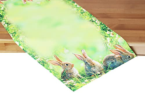 KAMACA Tischläufer Frühling Ostern Blumen Hasen Dekor Osterhasen Ostereier Bunt Waschbar Küche Esstisch Tisch Dekoration (40x90cm Hasen Trio)