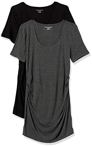 Amazon Essentials Damen Kurzärmeliges Umstands-T-Shirt mit U-Ausschnitt und Raffung, 2er-Pack, Dunkelgrau Meliert/Schwarz, L
