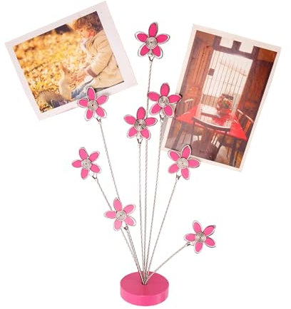 Cornice portafoto a 8 rami con albero genealogico, clip per carte e foto, supporto da scrivania per promemoria, appunti, foto, Natale, matrimonio, biglietti di auguri (fiore rosso rosa)