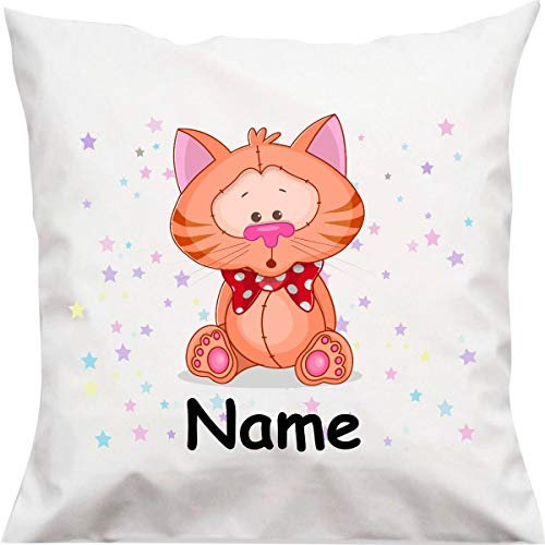 Shirtinstyle Kopfkissen, Katze mit Wunschname, Text, Wunschtext, Kinder Kinderzimmer Deko, Dekokissen mit Füllung, Motiv, Logo, Name, Größe 40x40cm