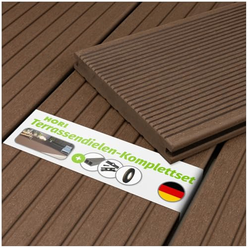 HORI WPC Terrassendielen Braun Massivdiele, Komplettset inkl. 40x60 mm Unterkonstruktion & Clips, Rutschfest & UV-beständig für langlebige WPC-Terrasse Fläche: 22 m² - 3,50 m Dielenlänge