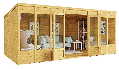 BillyOh Bella 16 x 8 Summer House Shed, Modern Pent Roof Log Cabin | Spray Treated - Garden Room with Wide Double Doors, Tongue and Groove Construction | Versatile Tiny Home or Garden Office