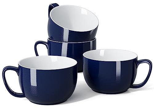 Teocera Porcelain Coffee Mugs, Soup Mugs Bowls with Handle, 24 oz Latte Mugs Set of 4 - Striped Design, Navy