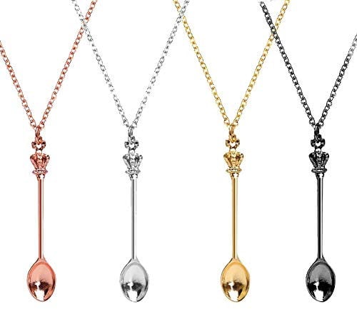 YuZhou 4 Pcs Spoon Necklace Set Mini Charms Ket Necklace Small Snuff Spoon Tiny Little Scoop Teaspoon Crown Pendant Long Chain for Women Girl Jewellery Party Gift