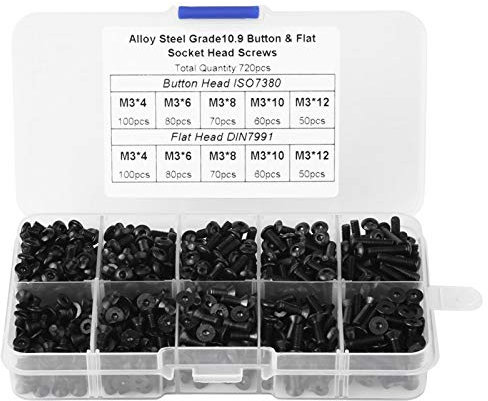 M3-M12 Schwarze Flach- und Knopfkopf-Schrauben aus legiertem Stahl, Innensechskant, mit Kunststoffbox (720-teilig)