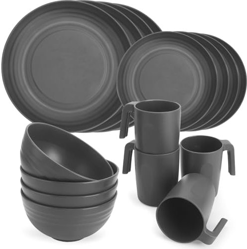 Shopwithgreen Kunststoff-Geschirr-Sets (16-teilig) – leichtes und unzerbrechliches Geschirr-Set – mikrowellengeeignetes Teller-Set, Schüsseln, Service für 4, ideal für Kinder und Erwachsene (grau)