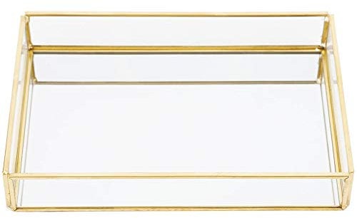 Tissting Bandeja de Cristals Dorado con Espejo, Caja de Almacenamiento con Marco de Metal Vintage, Cajas de Exhibición de Cosméticos para Joyería para Tocador, Tocador, Dormitorio, Baño (S)