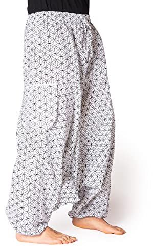 PANASIAM Aladinhose - geometrische Muster - Haremshose Damen & Herren | Unisex Yogahose, Pumphose mit tiefem Schritt, Gummibund & Tunnelzug, große Tasche, heilige Geometrie, japanische Ornamente