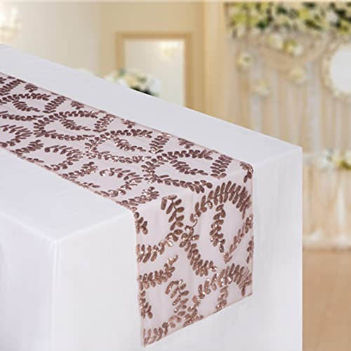 Tischläufer Pailletten Rosegold Blätter Muster Tischdecken Tischfahne Dekoration für Party Hochzeit Geburtstag Baby Duschen 30*280cm