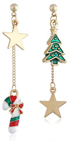 Weihnachtsohrringe, Goldener Weihnachtsbaum und Stock mit Sterndekoration Design Asymmetrischer Ohrring Modeschmuck für Frauen Mädchen