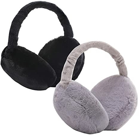 IHCEMIH 2Stücke Ohrenschützer Damen Ohrenschützer Winterzubehör Flauschig Plüsch Erwachsene Outdoor Thermo-Ohrenwärmer Skifahren Laufen Ohren Schutz vor Wind Kalt Modisches für Mädchen Schwarz Grau