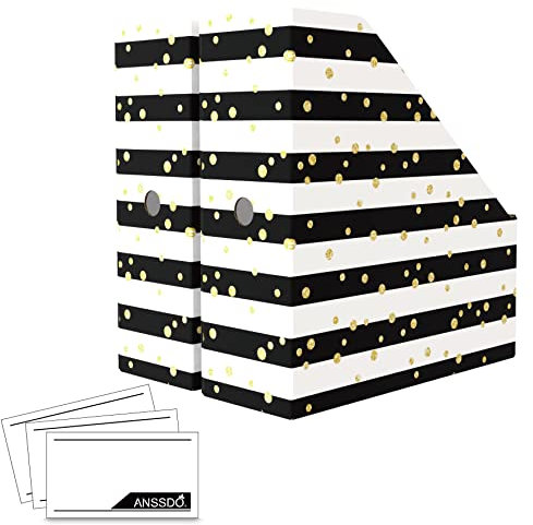 ANSSDO 6 Pack Cardboard Magazine Holder & File Organizer - Large Volume Storage Box as Book Bins for Desk - Black Stripes