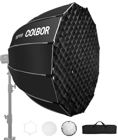 Softbox Parabolico, COLBOR BP90 90cm Softbox a Sgancio Rapido 16 Nervature con Doppio Diffusore, Griglia a nido d'ape, Compatibile con COLBOR Serie CL220/CL330 e Altre Luci Bowens Mount
