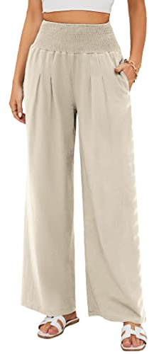 Famulily Women's Trousers Casual Cotton Linen Pants Summer Straight Trousers Lightweight Wide Leg Trousers Beige XL