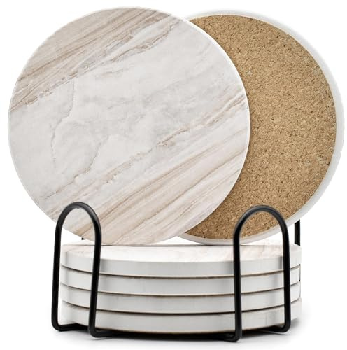 6Pcs Drink Coasters with Holder, Marble Style Ceramic Drink Coaster, Absorbent Coasters Set Suitable for Kinds of Cups, Modern Style Coaster for Coffee Table, 4 Inches