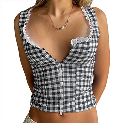 Frauen Nette Crop Top Y2K Fee Spitze Trim Plaid Camisole Top Sexy Rückenfrei Spaghettiträger Tank Top Ästhetische Kleidung, Plaid Bk, M
