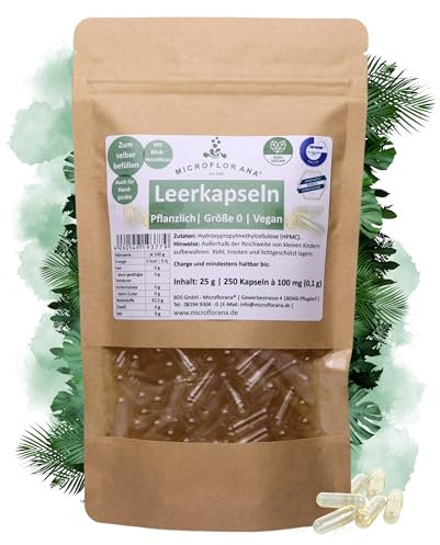 MICROFLORANA® - Leerkapseln 0-250 Stück - Pflanzlich - Geeignet für Handmaschinen - Deutsche Abfüllung - Leere Kapseln - Zum selber befüllen - Leerkapseln - Laborgeprüft - vegan - HPMC - Größe 0