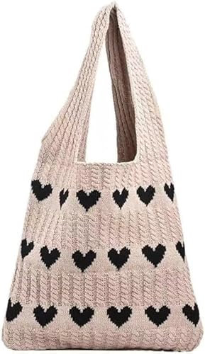 Ponitrack Ästhetische Herz-Grafik-Tragetasche für Damen, Strick-Tragetasche, niedliche Tragetasche, Y2k, Tragetasche, gehäkelt, Strandtasche, Khaki