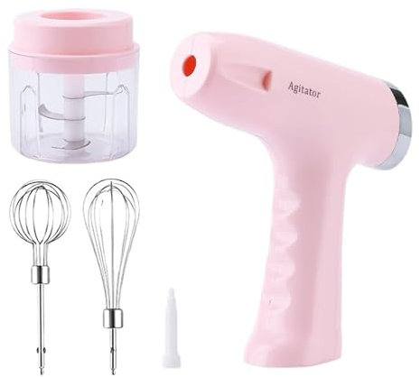 Batteur Électrique de Cuisine Sans Fil, Agitateur Manuel, Fouet Électrique Batteur d'Oeufs, Rechargeable par USB, Multifonctions - 5 Vitesses avec 2 Fouets en inox e Hachoir Ail Oignon(Rose)