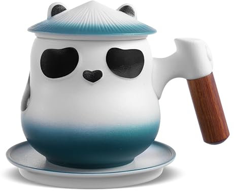 ZENS Design Panda Tea Strainer Cup with Saucer, 11oz Novelty Tea Infuser Mug with Lid and Wood Handle for Loose Leaf Tea Steeping,Birthday Gift for Dad, Gradient Blue Ceramic Tea Mug for Hot Tea