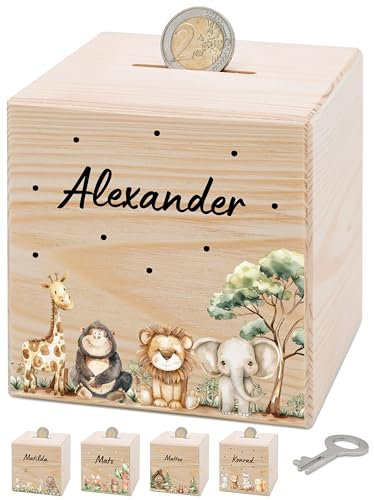Bärenfreunde® - Personalisierte Spardose Kinder aus Holz mit Metallschloss - Spardose mit Namen mit kinderfreundlichem UV-Druck zum Sparen für Kinderträume (Safari Tiere Punkte)