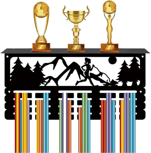 CREATCABIN Appendiabiti per Medaglie da Corsa Scaffale per Trofei Porta Medaglie per Maratona con Supporto per Mensola Sport nella Foresta di Montagna 4 Fila Telaio per Montaggio A Parete 40x20x10cm