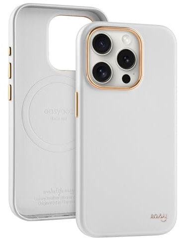 EasyAcc für iPhone 15 Pro Max Hülle Leder, kompatibel mit MagSafe, Stoßfest, Schutzhülle,Vergilbungsschutz, Kratzfest Rückseite, Metallknöpfe, luxuriöse Handyhülle für iPhone 15 Pro Max Case, Weiß