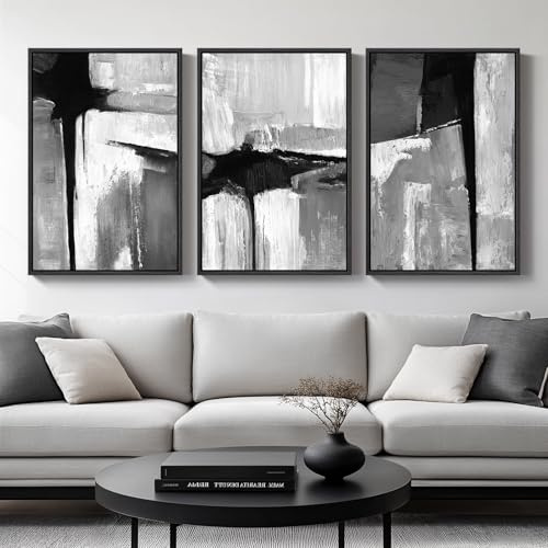 Cuspin Gerahmte schwarz-weiß-graue moderne abstrakte Wandkunst für Wohnzimmer, Set mit 3 großen Leinwandbildern, Kunstwerk für Wände, minimalistische Kunstdrucke, Bilder für Zuhause, Büro, Flur