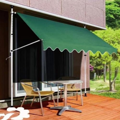 Teleskop-Vordach, einziehbare und verstellbare Klemmmarkise für den Außenbereich mit Kurbel, Sonnenschutz für Garten, Terrasse, Balkon, Fenster, grüner + weißer Rahmen, 350 cm