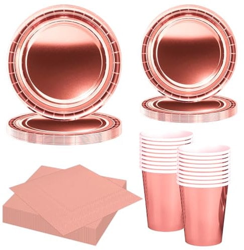 MORAINJAY Set di 68 Pezzi di Stoviglie Oro Rosa per Feste, Piatti di Carta, Bicchieri, Tovaglioli, Stoviglie per Compleanni, Matrimoni, Baby Shower, Lauree, Anniversari, Set per 16 Ospiti