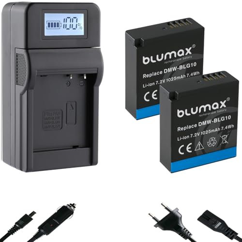 Blumax Lot de 2 batteries de rechange pour Panasonic DMW-BLG10 / DMW-BLG10E [1025 mAh] + chargeur de vitesse DMW-BLE9 E, BP-DC15 E, pour Lumix DMC-GF6 GX7 III DC-TZ202 G110