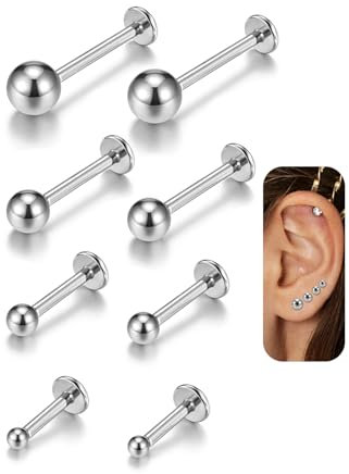 AllerPierce 8 Stücke Labret Piercing 16ga Chirurgenstahl Lippenpiercing Stecker Conch Piercing Helix Tragus Stud Knorpel Ohrpiercing Medusa Piercing 6mm 8mm 10mm 12mm