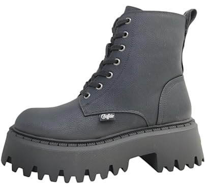 Buffalo Women’s ASPEN LACE UP WARM Combat Platform Ankle Boots Black Vegan Nappa with Insulated Lining