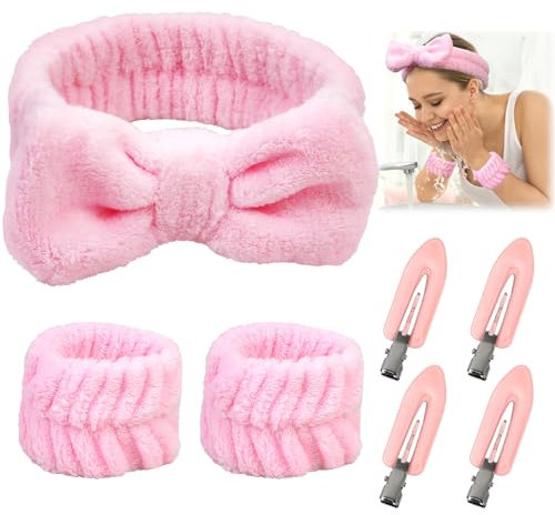 1 Fascia Capelli Donna,2 Pezzi di Polsini per il Lavaggio Del Viso,Con 4 Fermagli Capelli,Morbidi Spa Fasce Assorbenti ed Elastici, per la Cura Della Pelle, il Lavaggio e la Doccia(Rosa)