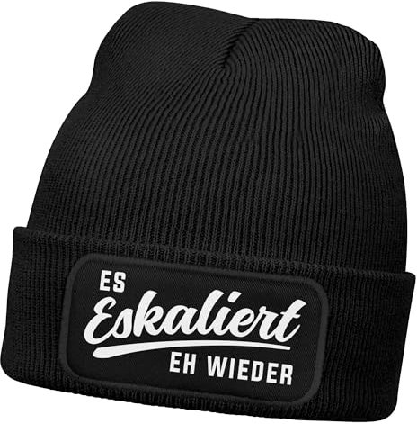 MoonWorks® Damen Beanie mit Patch Strickmütze mit Spruch Party Eskaliert eh Wieder Aufdruck Lustig Damenmütze Schwarz Unisize
