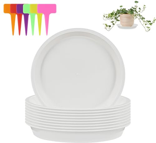 alwaiiz 10 Stück Untersetzer Blumentopf Rund, Kunststoff Topfuntersetzer Pflanzen und 6 Stück Pflanzenetiketten, Pflanzen Untersetzer für Innen- und Außenpflanzen