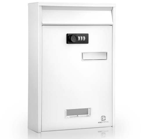 KINGCEPHAS Post Box,Wall Mounted Letterbox with Combination Lock（White） | Small Capacity,Weatherproof Galvanized Steel Mail Box for Outside,Viewing Windows,Nameplate,Easy to Install,21.5x7.5x31.5cm