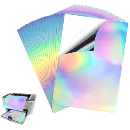 OUDQFCJ 12 fogli di vinile adesivo olografico, carta olografica, a4 stampabili, ad asciugatura rapida, impermeabile, motivo arcobaleno, per stampanti a getto d’inchiostro e laser (A4, 21 x 29,7 cm)